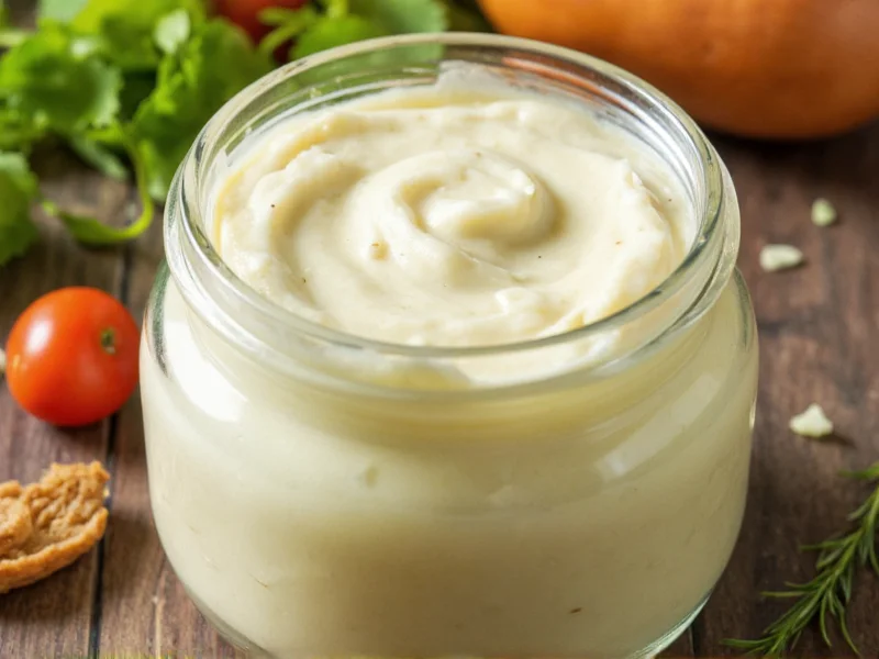 Creamy homemade mayonnaise in glass jar with fresh herbs