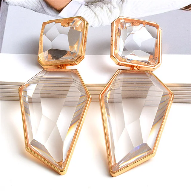 

Wholesale ZA 2021 Hanging Elegant Crystal Irregular Clear And Pure Resin Long Dangle Earrings, Colorful