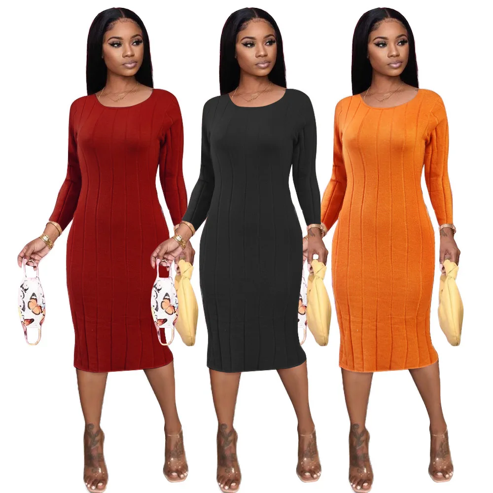 

2021 New Arrivals Autumn Fashion Women Casual O-Neck Long Sleeve Slim Solid Back Hollow Out Knitted Dress, Picture show