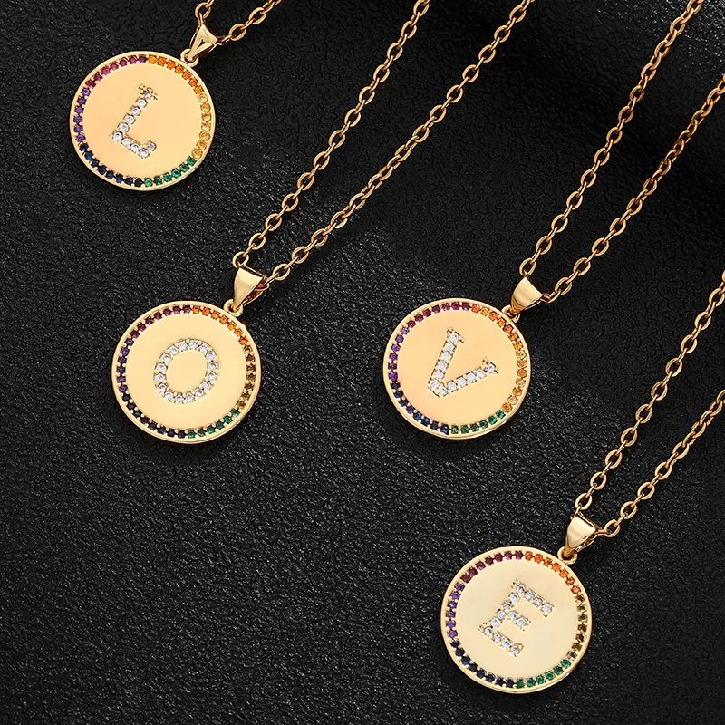 

Stylish Insert Cubic Zircon Initial Letter Pendant Necklace CZ Inlay Round Disc Alphabet Pendant Necklace