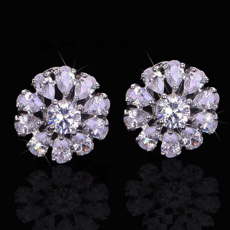 

Luxury Big Round French Clip Stud Summer Flower Earrings For Women Zircon Jewelry Valentine's Day Gift, Picture shows