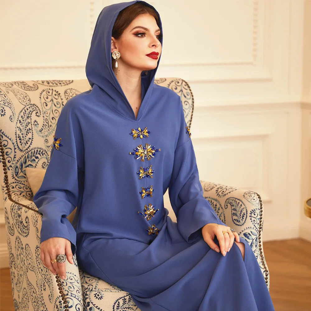 

Wholesale fashion blue long sleeve hooded robe abayas dubai women 2020 ramadan eid mubara muslim dresses islamic clothing