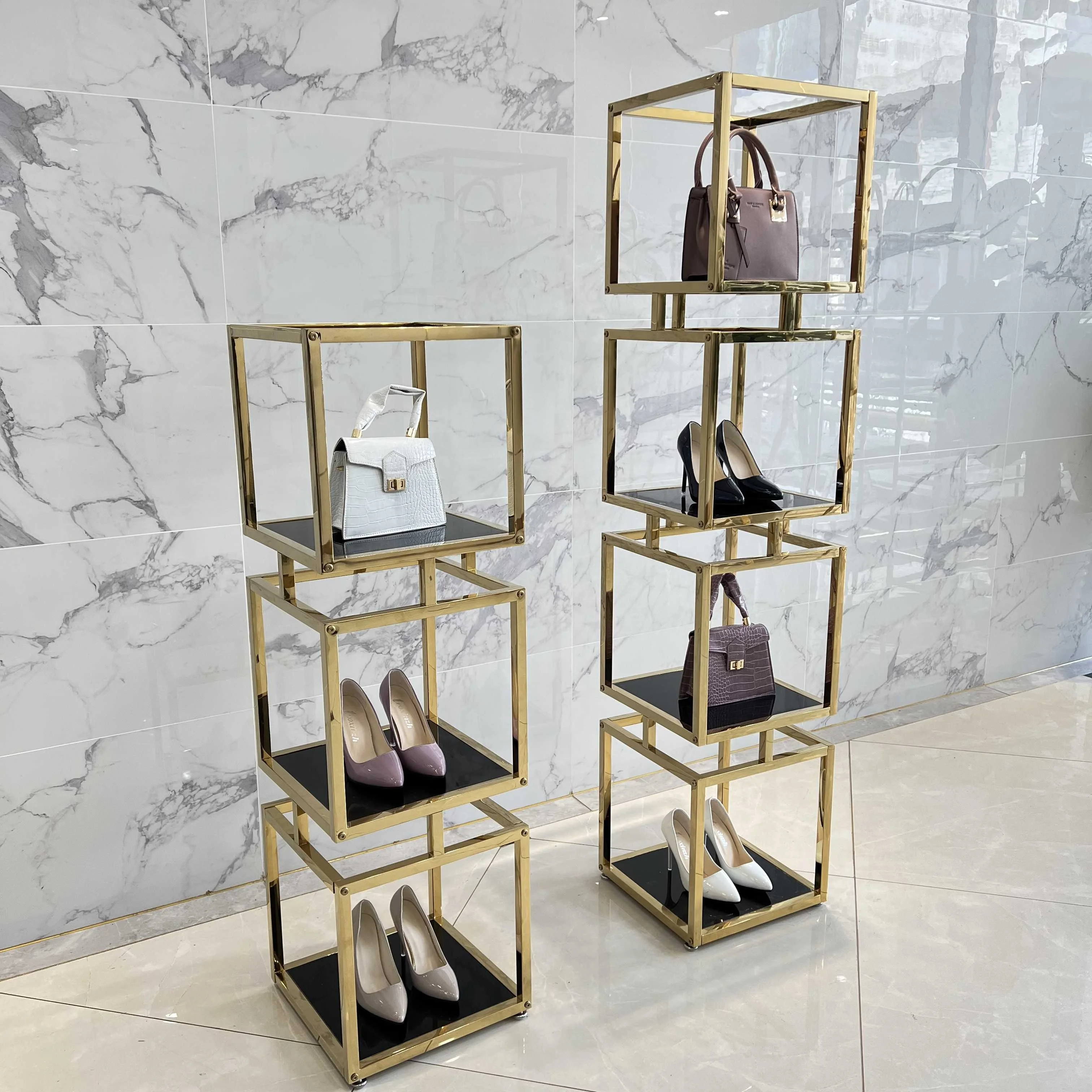 

Boutique Gold Shoes Window Display Showcase Shop Metal Stainless Steel Shoe Handbag Display Stand Rack