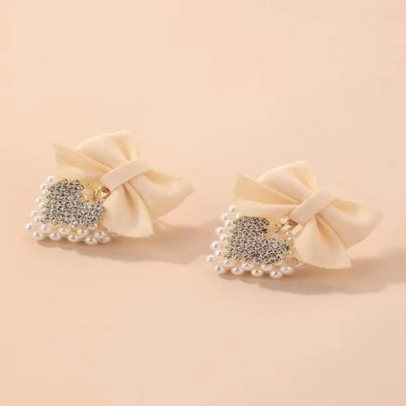 

fashion white bow heart crystal drop pearl earrings