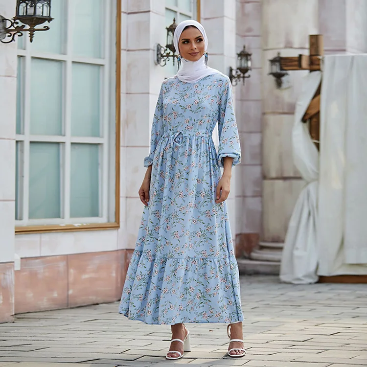 

Women Sash Garment Fashion Abaya Summer Blue Printed Floral Round Collar Ruffles Muslim Long Sleeve Dress