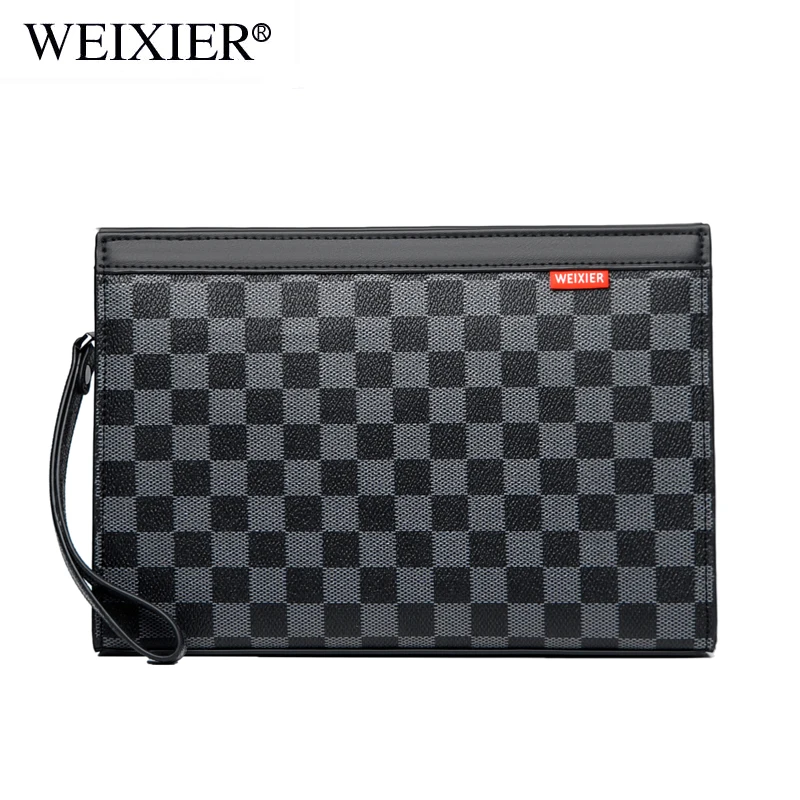 

WEIXIER new men retro portable small bag large capacity wrist bag PU leather waterproof wear resistant handbag, Black/brown