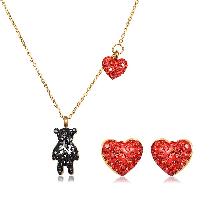 

BAOYAN Rhinestone Crystal Heart Bear Stainless Steel Bridal Jewelry Set, Gold color