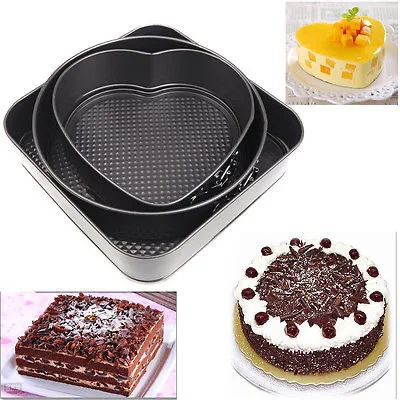 

3 Pieces Cake Molds of Heart Round Square non-stick Round Leakproof Springform Cake Pan Set Pan with Removable Bottom Set, Black