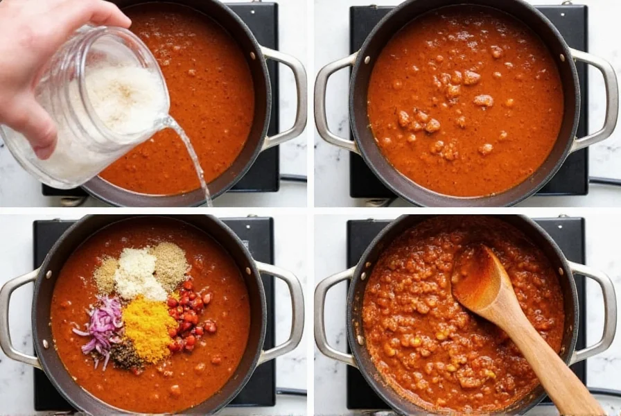 Step-by-step cooking process of simple turkey chili showing ingredients being added to a pot on stove