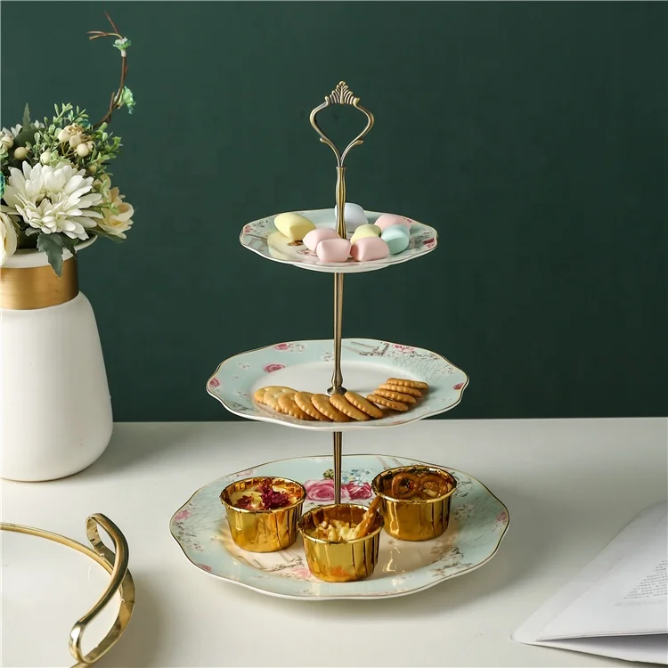 

High grade 3 tier fancy floral decal afternoon tea dessert plates porcelain cake stand, White