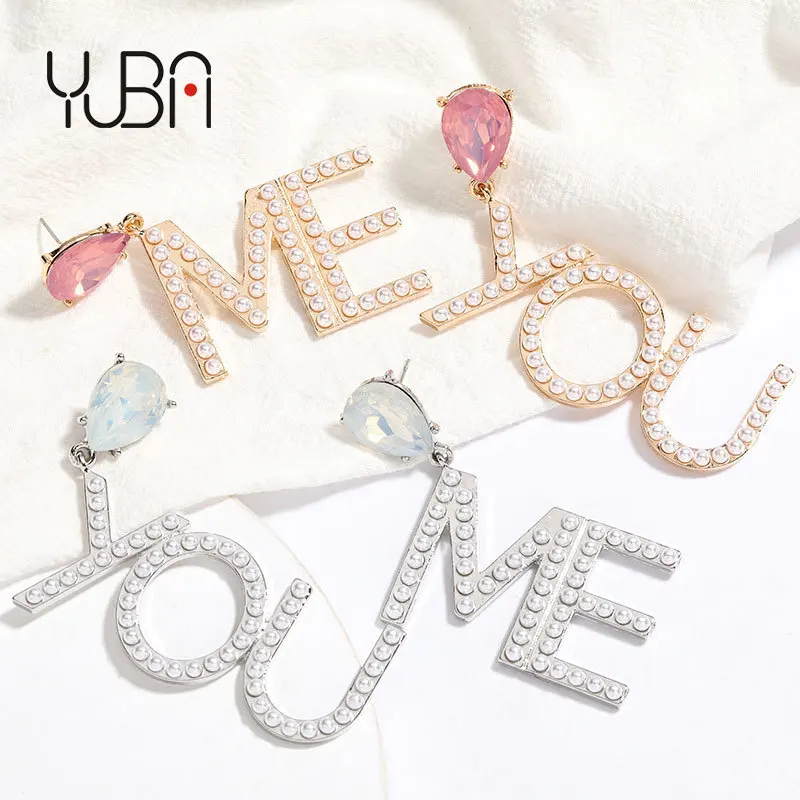 

Big Letter Drop Earrings Pearls YOU ME Hanging Earrings For Women Statement Wedding Jewelry