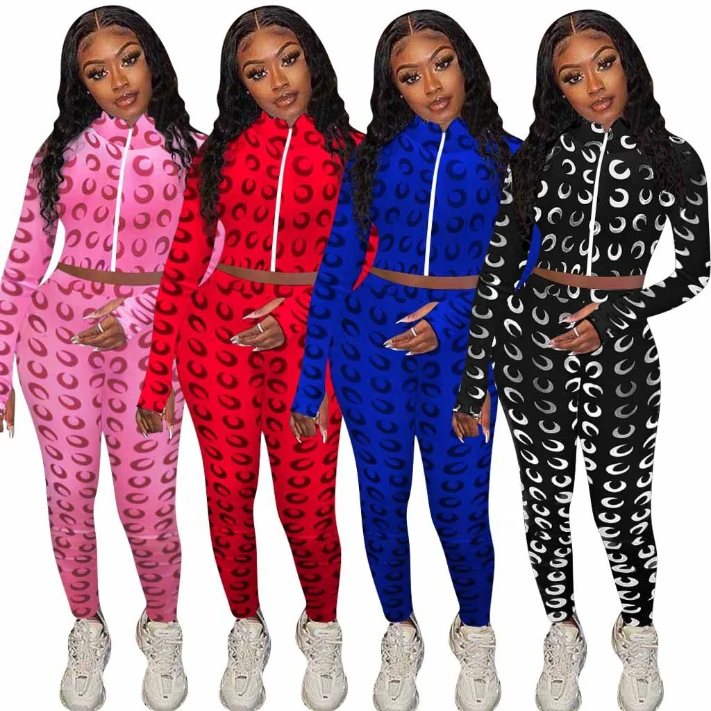 

MT61-4088 Ladies Printed Zipper Fingerprint Sports Pants Set Two-piece Suit