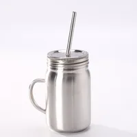 

Stainless Steel 24oz vacuum Mason Jar With handle Single layer tumbler with lid straw Coffee beer juice mug