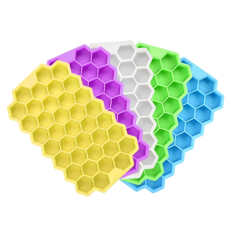 

37 Cavities Bpa-free Party Whiskey Ice mold Maker Flexible Food Grade Silicone honeycomb ice cube tray with lid, Yellow/purple/blue/green/white