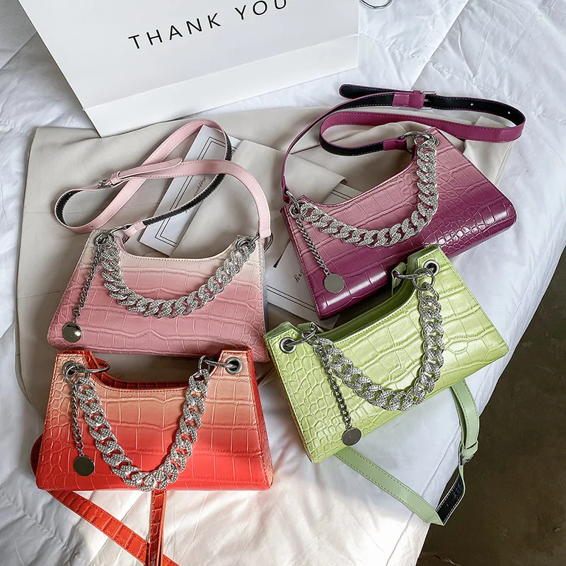

Gradient Color Women's Designer Luxury Handbag 2021 Fashion New Crocodile Pattern Underarm Bag Diamonds Chain Link Tote, As the picture shows