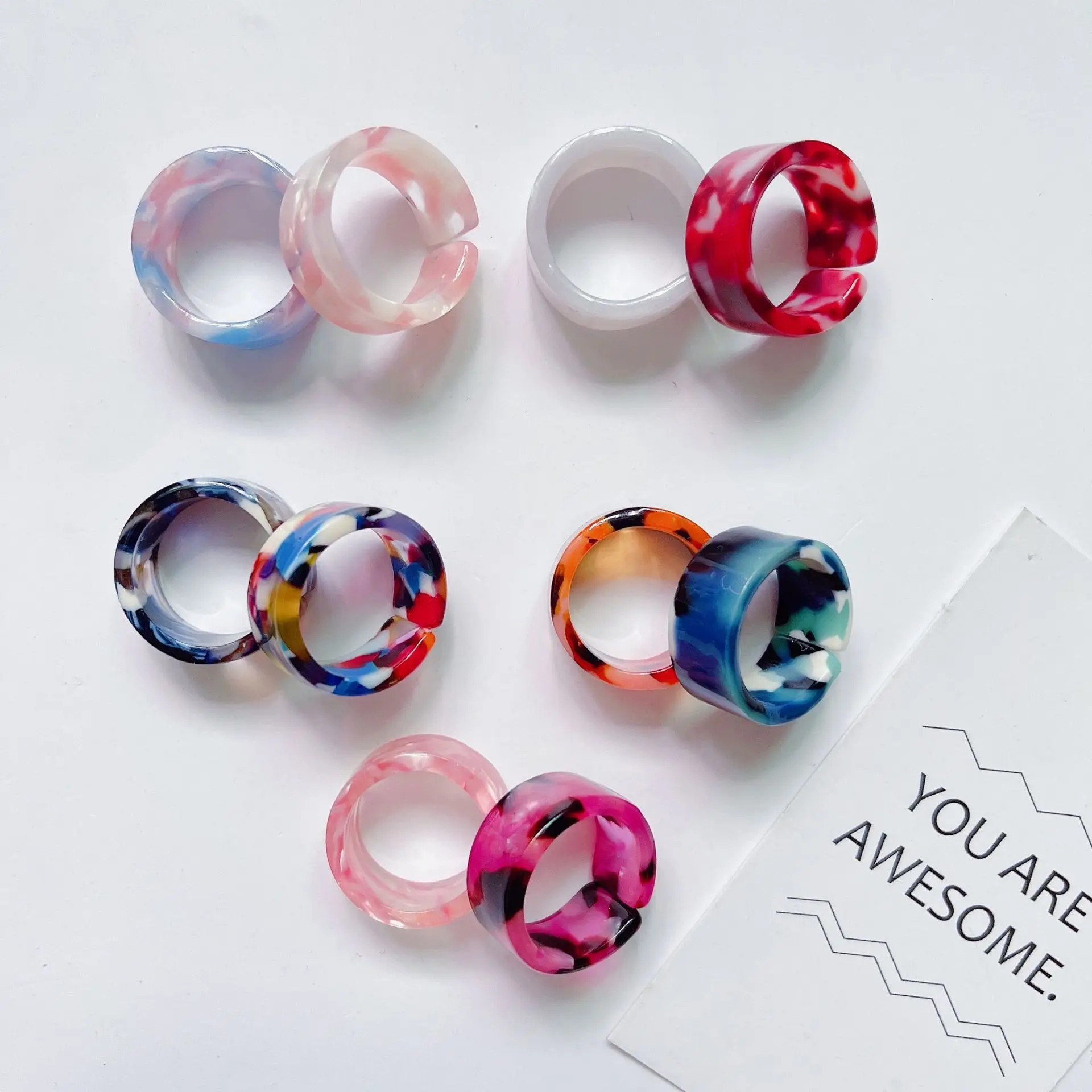 

Japan and South Korea Opening  Retro Design Acrylic Candy Color Ring Acetate Marble Pattern Ring, Gold