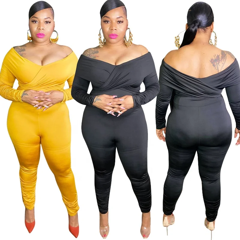 

2020 Stacked Knit Ruched Ladies Plus Size Jumpsuit Women