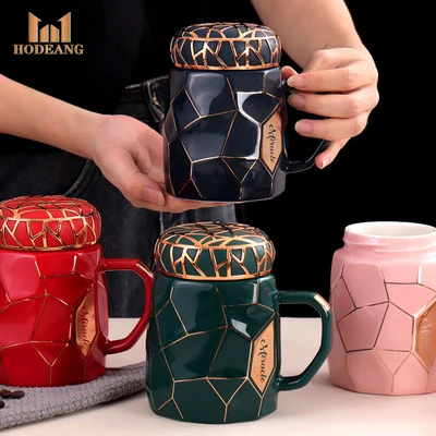 

Creative gold line stone pattern ceramic mug with lid, As the picture show