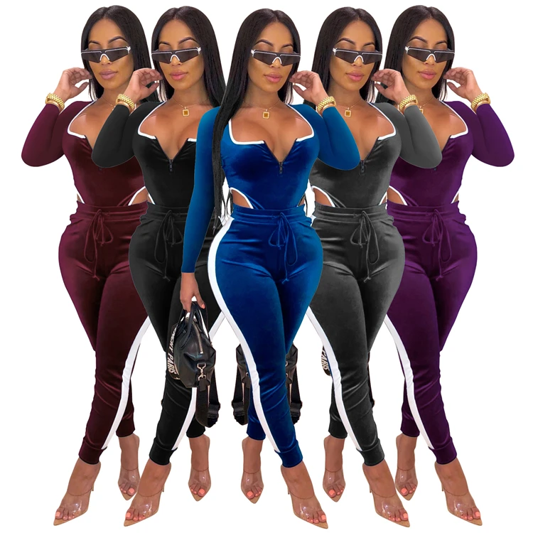 0919M350 hot sale long sleeve bodysuit trousers suede women two piece pant suit set clothing