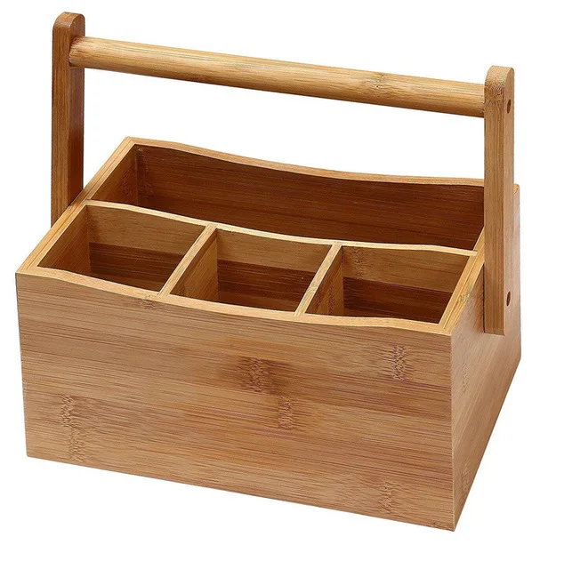 

Bamboo Utensil Storage Holder with Handle,Multi Compartment Cutlery holder for restaurant, Natural bamboo