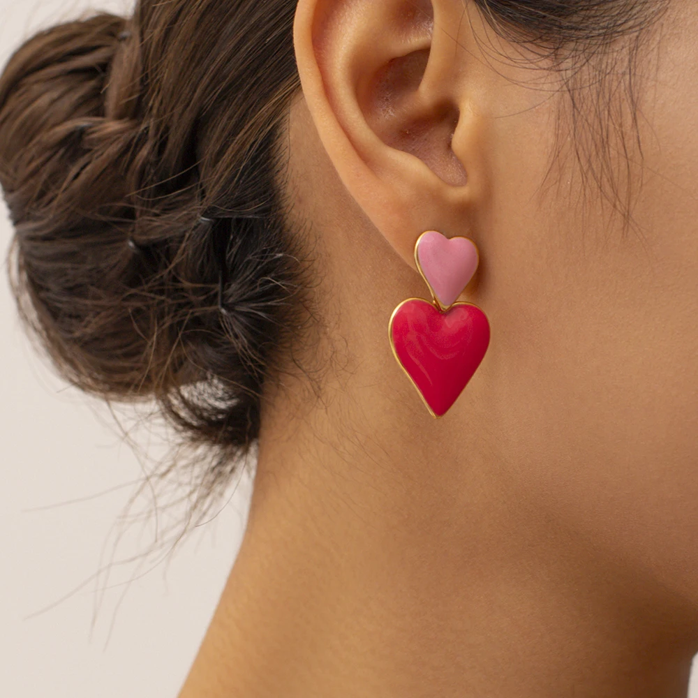 

New Trend Stainless Steel 18K Gold Plated Smooth Love Rose Red Pink Double Heart Enamel Earrings for Women