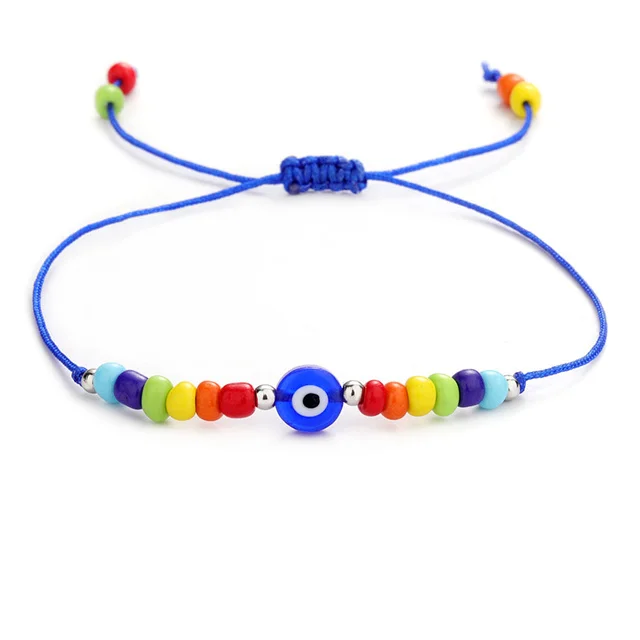 

Handmade Adjustable Rope Chain Rainbow Color Seed Bead Nazar Evil Blue Eye Charm Bracelet