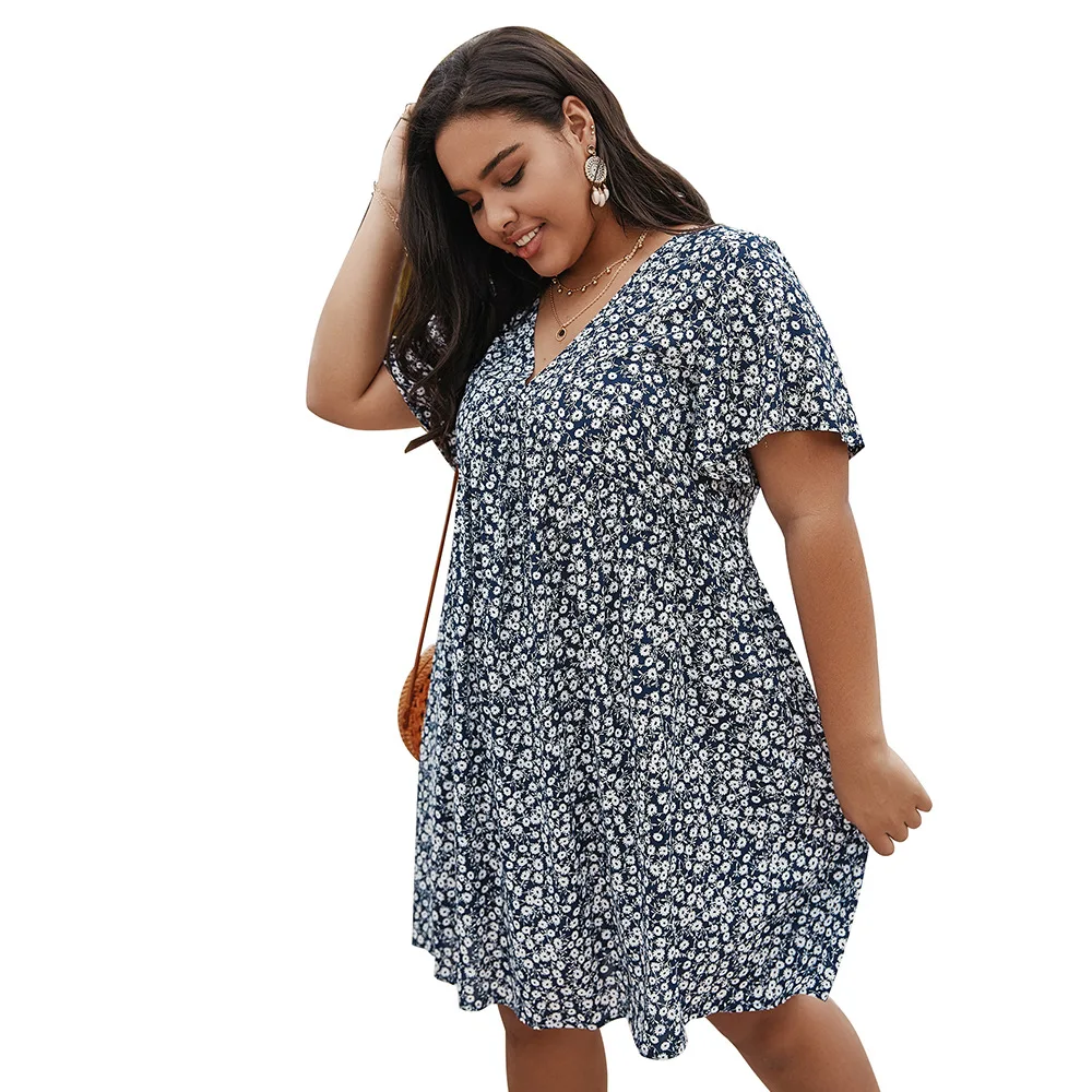 

2020 New Arrival High Quality Women v-neck floral printed women casual plus size dresses