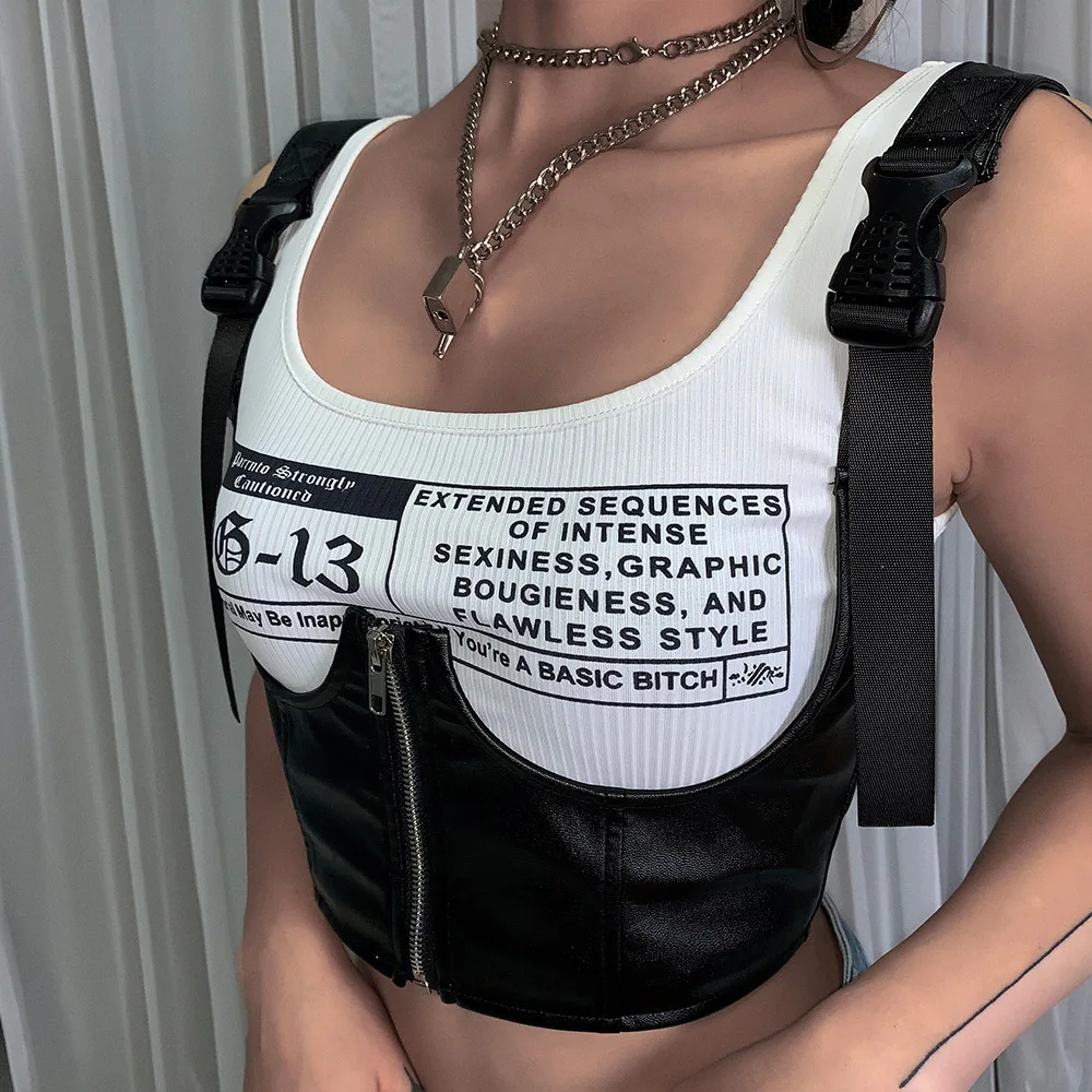 

RS358 white black basic Punk print crop tops womens tank tops 2020 summer wild casual Leather camisole mujer stretch Slim tee