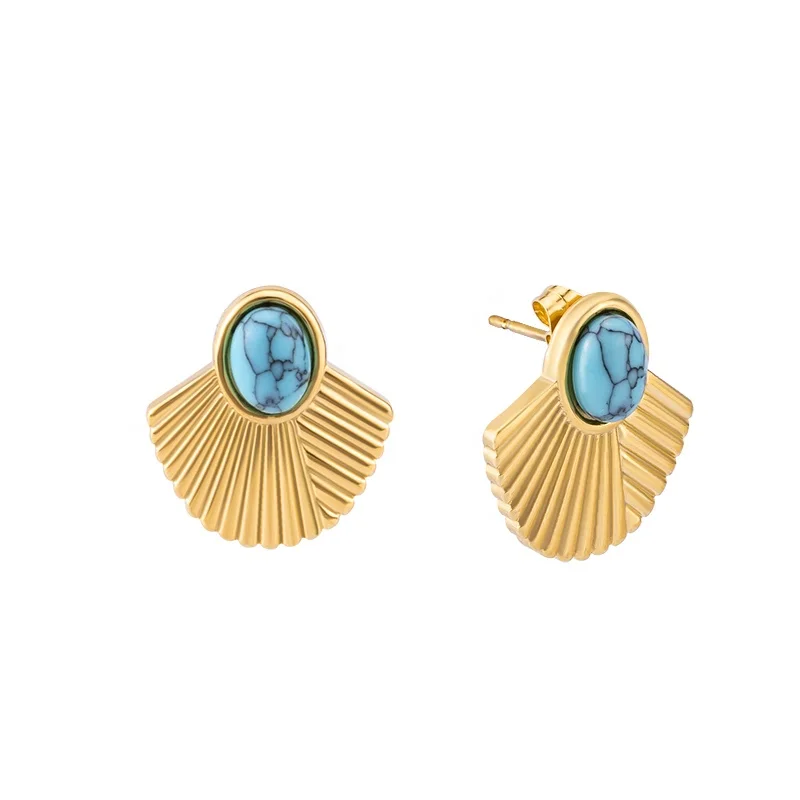 

Classic Vintage Boho Fashion Rib Jewelry Stainless Steel Gold Plated Scalloped Turquoise Women Statement Stud Earrings