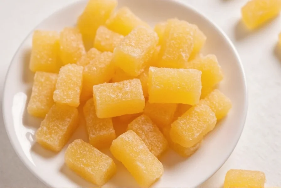 Close-up of ginger gummies next to fresh ginger root showing comparison of supplement form versus natural source