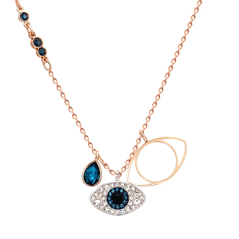 

New Disign Gold Color Crystals Multicolor Stone Lady Party Golden Blue Eye Shaped Layered Necklace, Picture shows