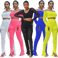 

XA3293 women sexy mesh off shoulder crop top and pants two piece outfits
