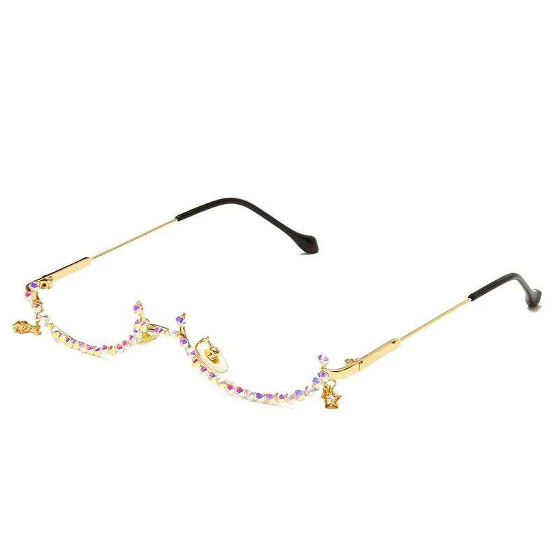 

New Fashion eyeglasses Alloy Frame for Women green and Red Gem Lensless Chain Pendant Half Frame Luxury Diamond glasses