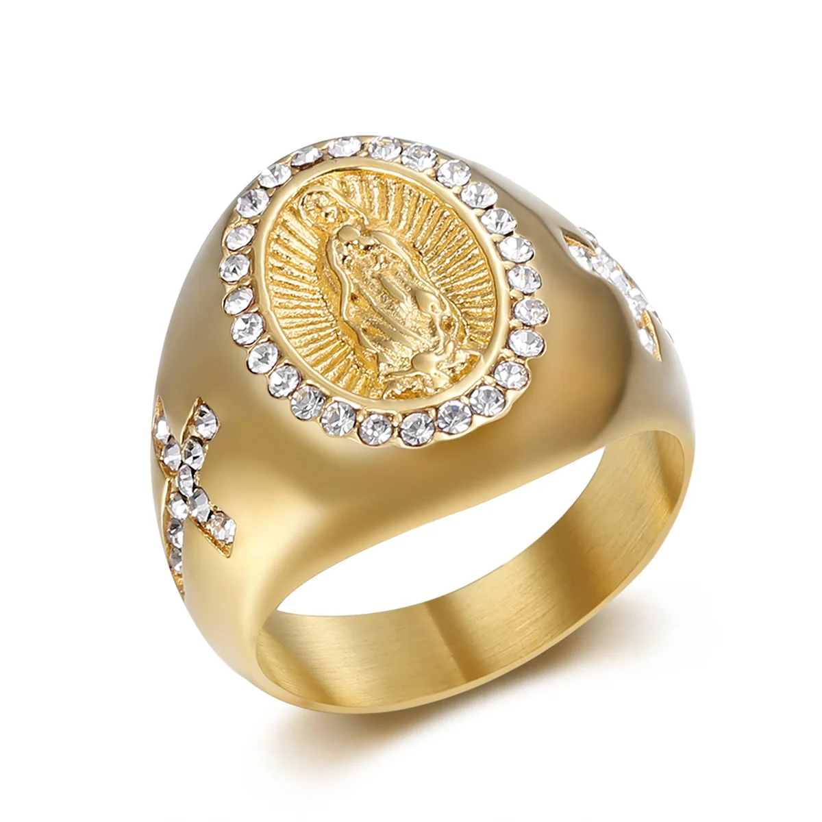 

Europe and the United States cross-border new hip hop jewelry titanium steel gold plated diamond Blessed Virgin Mary ring