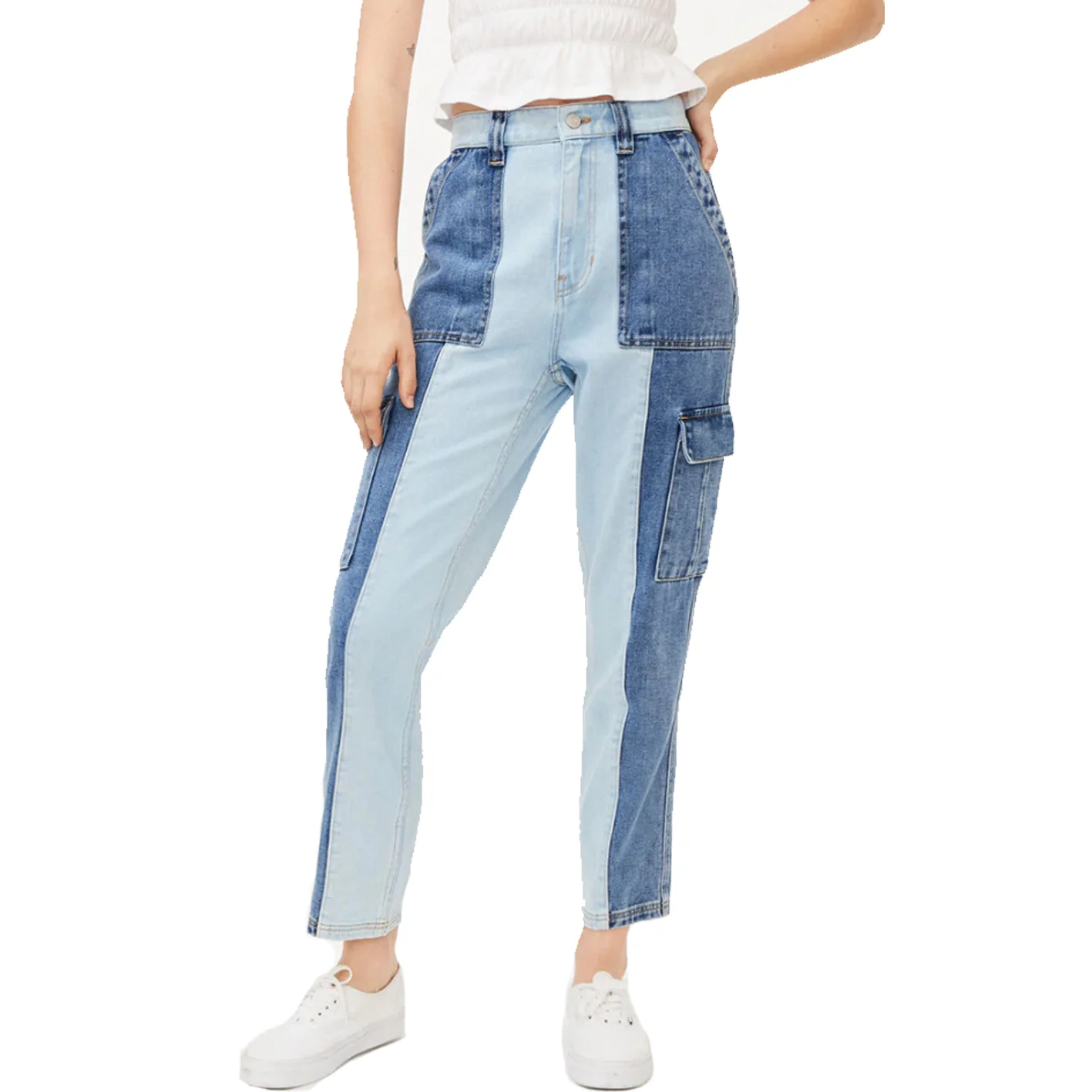 

Fashion 100% cotton zip-fly closure two tone paneled women cargo denim jeans with side pockets, Blue or customized