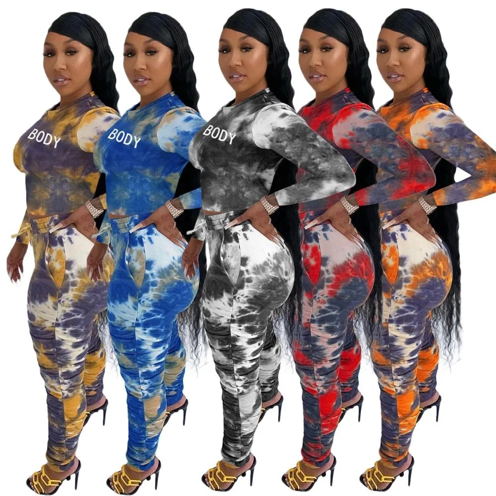 

2020 Women Fashion Fall Matching Sets Clothing Two Piece Set Tye Dye 2 Piece Set Outfits Joggers Stacked Pants