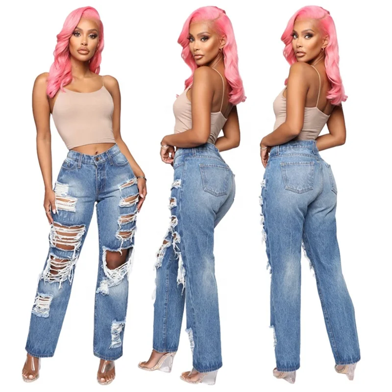 

High Waist Ripped Wide Straight-leg Jeans For Women Moms Jeans, Blue