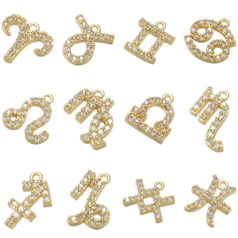 

Gold Plated CZ Rhinestone micro pave mini horoscope 12 zodiac Signs dangle nail charms jewelry Pendant Charms wholesale, As pictures