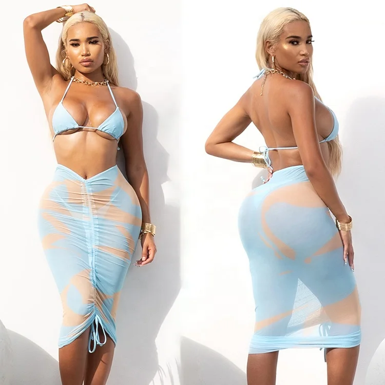 

Sexy High Quality Women 3 Piece Swimsuit Beach Wear Thong Bikini Beachwear For Woman Swim Skirt 2022 Bathing Suits, Blue