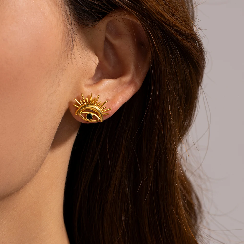 

Eyes Black Zirconia Stud Earring 18K PVD Stainless Steel Gold Plated Designed Daily Earring Eye Stud Earring For Women