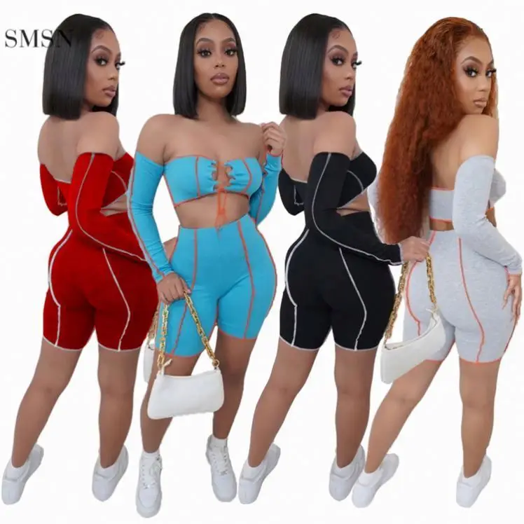 

HEBE Newest Design Patchwork Off Shoulder Womens Two Piece Set Sexy Bandage Two Piece Set Vintage Women Shorts Set Suits