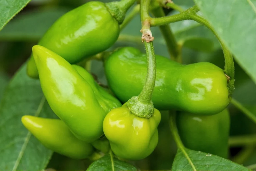 Close-up photograph of fresh green serrano peppers on plant showing their upright growth habit and smooth skin texture