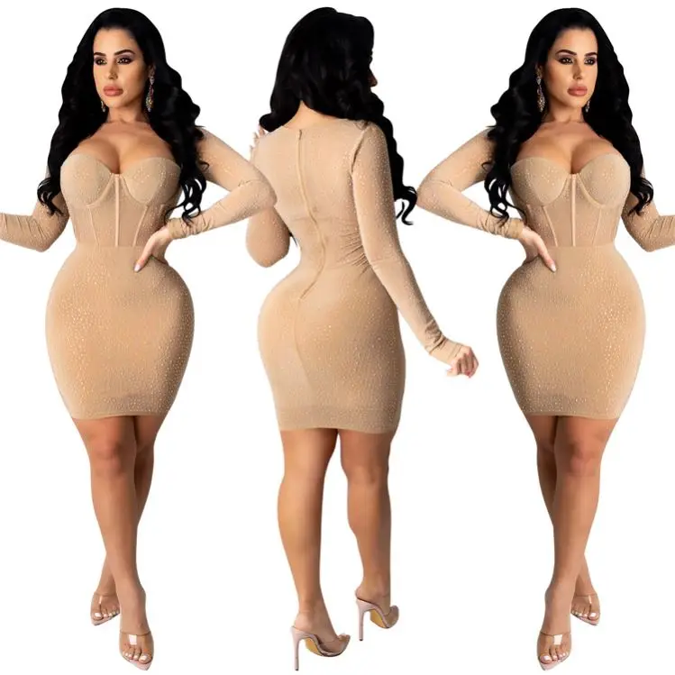 

new arrivals 2021 rhinestone dress women sexy nude dresses birthday dress for women