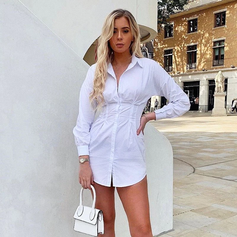 

2021 Spring New Design Button Down Shirt Dresses Women Casual Long Sleeve V Neck Tunic White Shirt Dress