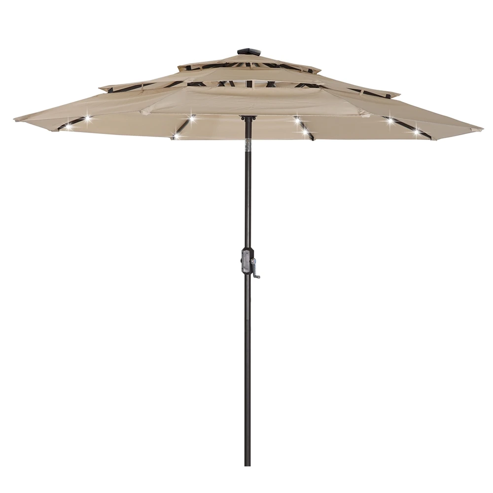 

US Stock Fast & Free Shipping 3 Tiers & 8 Ribs Garden Umbrella With 32 LED Lights Rechargeable Easy Open Outdoor Umbrella, Beige