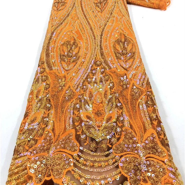 

African Fashion Lady Fabric Embroidered Orange Sequins French Lace Fabric for party