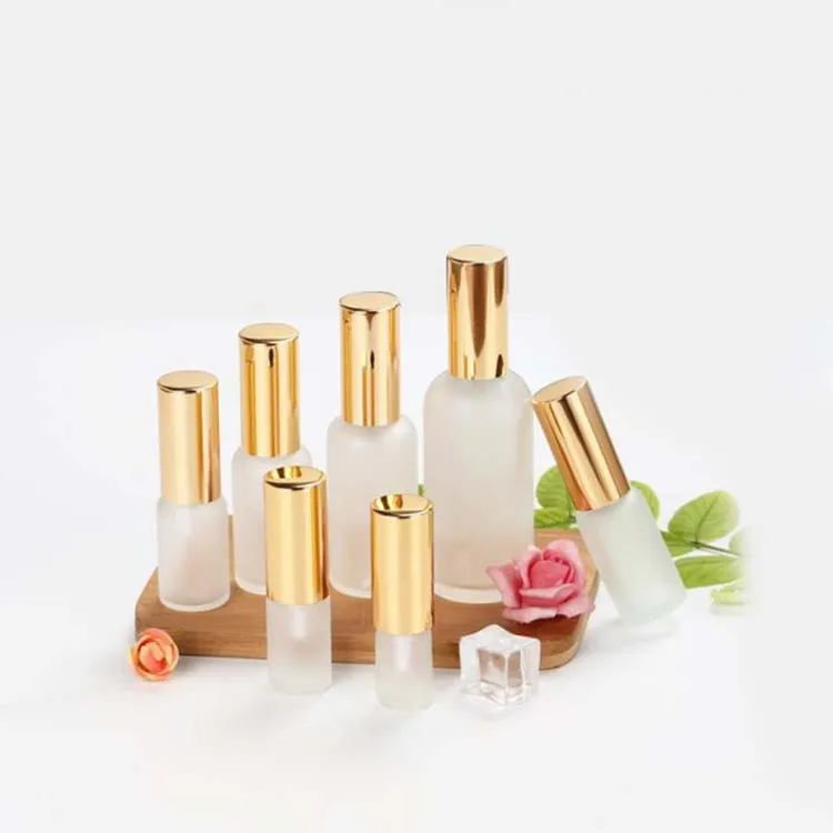 

5ml 15ml 30ml 50ml glass bottle spray frosted lotion bottle with gold lid pump lotion bottle