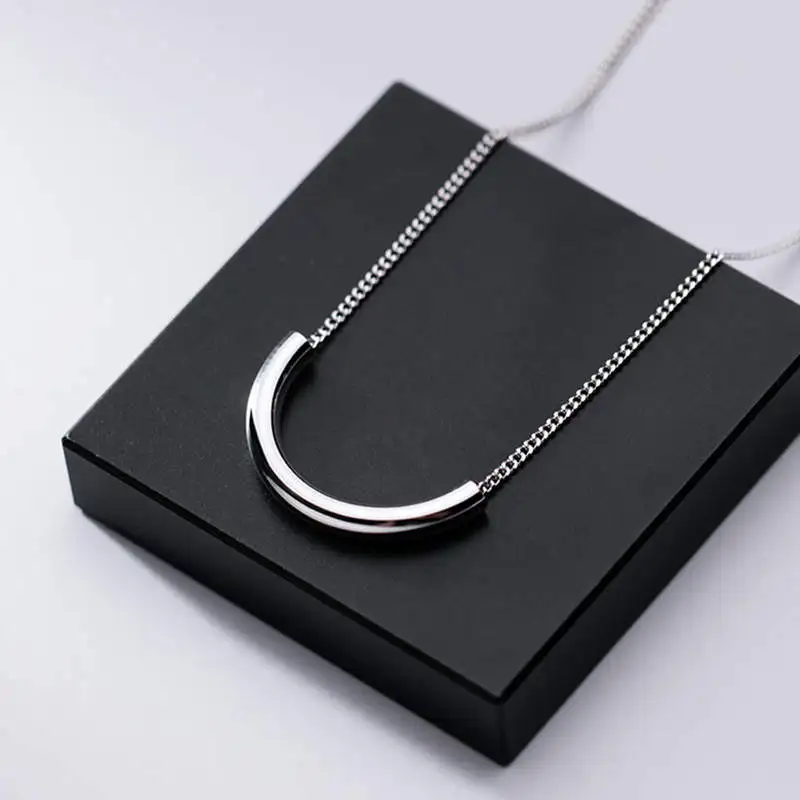 

925 sterling silver minimalist semicircle glossy pendant necklace for girls christmas gift