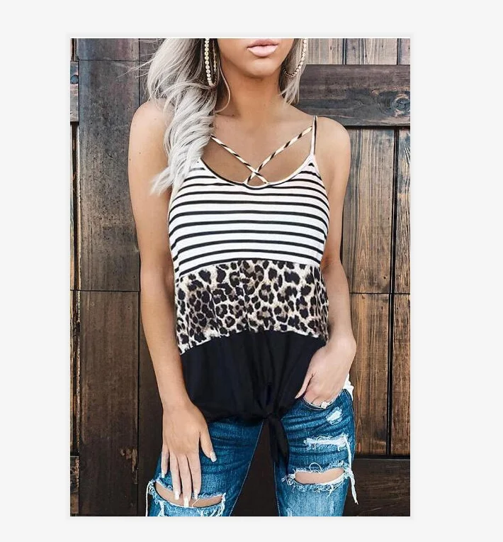

2020 Summer Striped Stitching Vest Leopard Stitching Camisole Top For Women