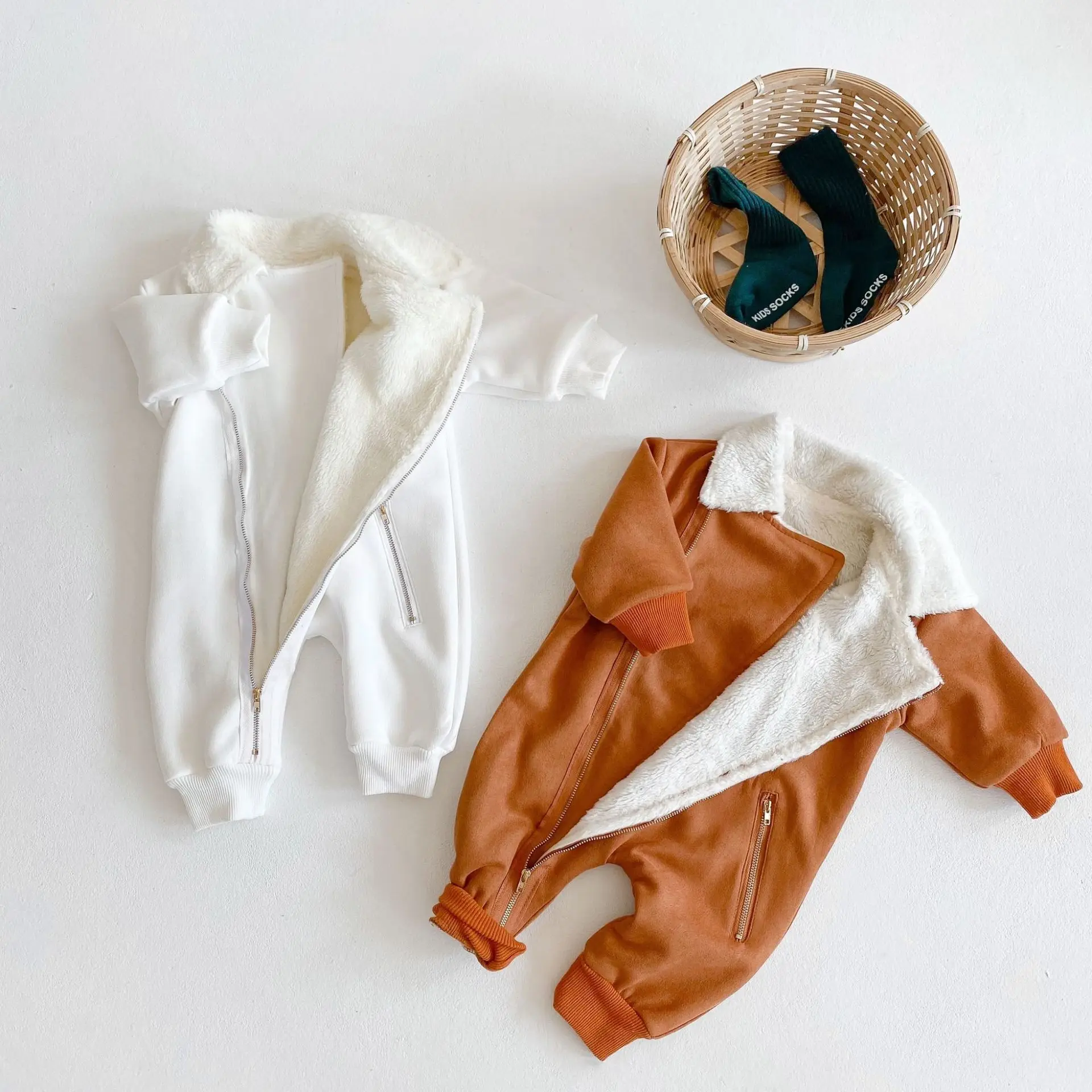 

Latest design kids winter clothes fleece-lined warm baby rompers thicken plain toddler jumpsuits, Accept customized color